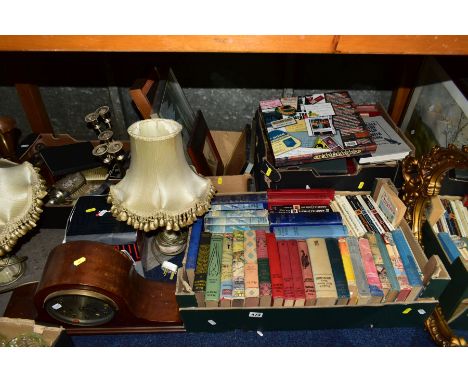 FOUR BOXES AND LOOSE SUNDRY ITEMS etc,to include a Baduf domed topped striking mantle clock, a pair of onyx table lamps, boxe