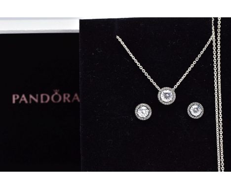 A PANDORA NECKLACE AND EARRING GIFT SET, the necklace designed with a cubic zirconia halo set pendant, suspending on a fine c