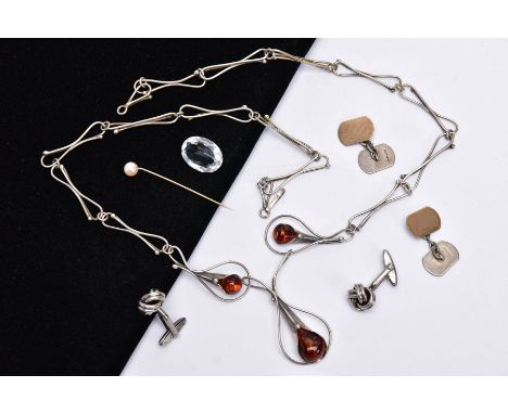 A SILVER AMBER NECKLACE, SILVER CUFFLINKS, STICK PIN, CUFFLINKS, ETC, the silver necklet designed with three amber set drops,