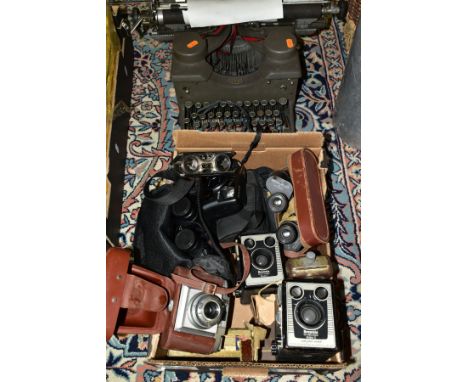 BINOCULARS, CAMERAS AND TYPEWRITER, ETC, to include a pair of Kershaw military prism No.2 MKIII binoculars, Box Brownie model