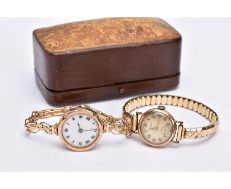 TWO GOLD CASED LADIES WRISTWATCHES, each fitted to gold plated bracelets, an early 20th century white enamelled dial with rom