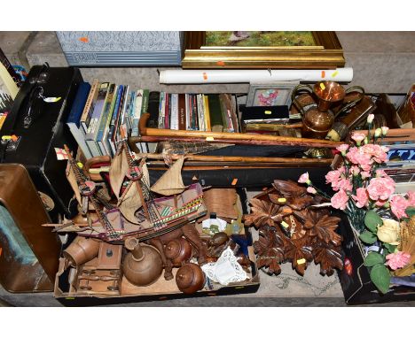 FIVE BOXES AND LOOSE OF MISCELLANEOUS ITEMS, including treen, pictures, books, metalware, clocks, etc, a Black Forest style c