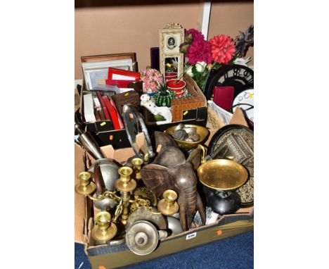 TWO BOXES AND  A BASKET OF METALWARE, SUNDRIES, PICTURE FRAMES, ETC, to include various clocks (two modern wall clocks and Lo