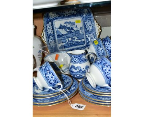 AN EARLY 20TH CENTURY WEDGWOOD BONE CHINA BLUE AND WHITE FALLOW DEER PATTERN PART TEA SET, brown Portland vase printed mark, 