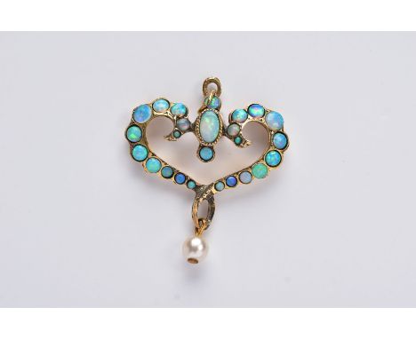 AN OPAL PENDANT, of an openwork heart form, set with oval and circular cut cabochon opals, suspending a single imitation pear