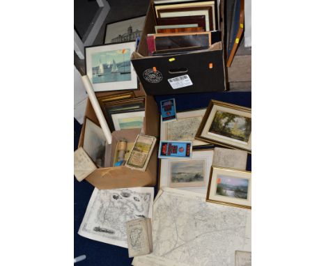 TWO BOXES OF FRAMED PRINTS, FOLDED MAPS, etc, including three Bartholomew's Revised Half - Inch maps and six Ordnance survey 