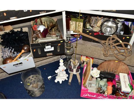 FOUR BOXES AND LOOSE METALWARE, HOUSEHOLD SUNDRIES, OIL LAMP, etc, to include board games, book ends, coasters, Hohner Melodi