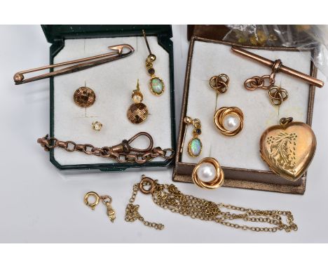 A BAG OF ASSORTED 9CT GOLD AND YELLOW METAL JEWELLERY PIECES, to include a pair of 9ct gold cultured pearl earrings, post fit