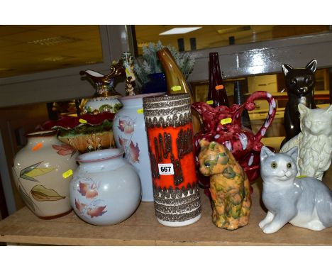 A GROUP OF MODERN CERAMICS, GLASSWARE, BRONZED RESIN FIGURES, ETC, including three Denby vases, three seated cat figures, a C