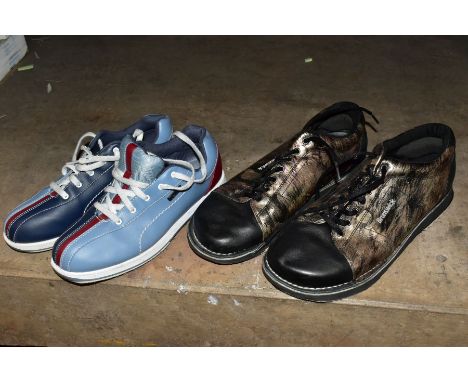 A PAIR OF SLIDE RITE DEXTER SIZE 7 BOWLING SHOES, signs of light wear with a pair of Goodyear Brunswick size 9 bowling shoes,