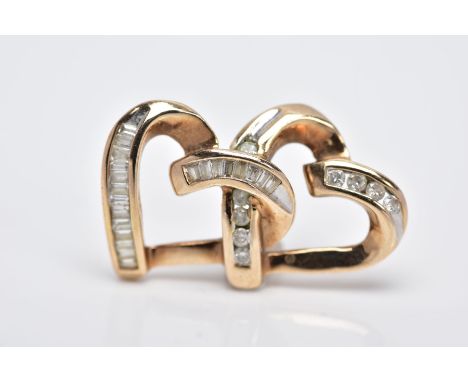 A 9CT GOLD DIAMOND PENDANT, designed as two interlocking, openwork hearts, set with tapered cut and round brilliant cut diamo