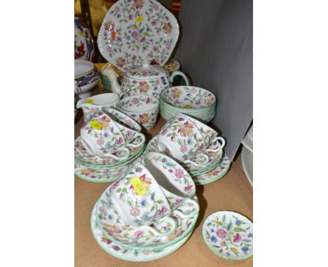 A MINTON 'HADDON HALL' PATTERN PART DINNER SERVICE, ETC, comprising teapot and cover, milk jug, sugar bowl, six tea cups, six