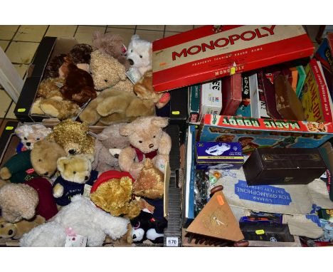 FOUR BOXES OF SOFT TOYS, BOARD GAMES, DIE CAST VEHICLES, including St.Giles Hospice and other bears, a small wooden triangula