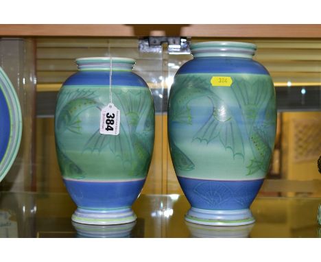 A POOLE STUDIO SALLY TUFFIN BALUSTER VASE AND MATCHING JAR, the baluster vase handpainted with bands of blue and green, and w