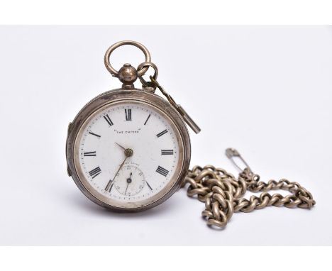 A SILVER OPEN FACED POCKET WITH ALBERT CHAIN, white dial signed 'The Empire', Roman numerals, seconds subsidiary dial at the 