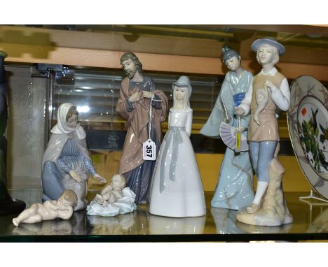 A GROUP OF SEVEN NAO, MIQUEL REQUENA AND OTHER SPANISH FIGURINES, including a Nao three piece nativity group of Mary, Joseph 