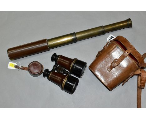 A BRITANNIC B.C &amp; CO BRASS AND LEATHER THREE DRAWER 15 X TELESCOPE, with one lens cap, closed length 16cm, open length 46