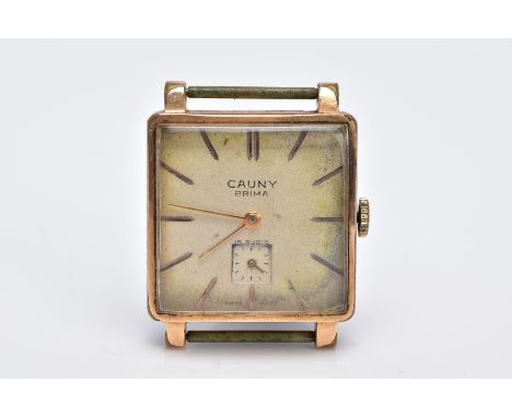 A GOLD PLATED GENTS 'CAUNY PRIMA' WRISTWATCH, hand wound movement, square design discoloured dial signed 'Cauny Prima', baton