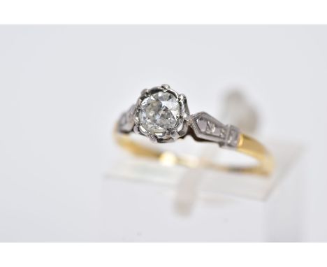 A YELLOW METAL SINGLE STONE DIAMOND RING, collet set, old cut diamonds, total estimated diamond weight 0.40cts, colour assess