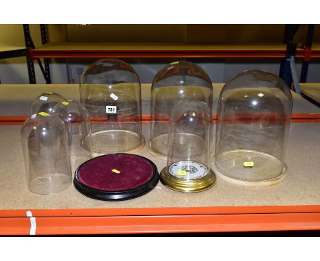 SEVEN VARIOUS GLASS/PLASTIC DOMES AND STANDS, comprising three with wooden bases, height 28cm, three plastic domes (no bases)