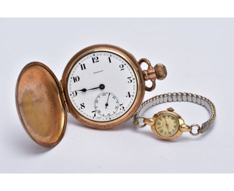 A LADIES 9CT GOLD CASED WRISTWATCH AND A GOLD PLATED POCKET WATCH, the ladies wristwatch with a round cream dial signed 'Ever