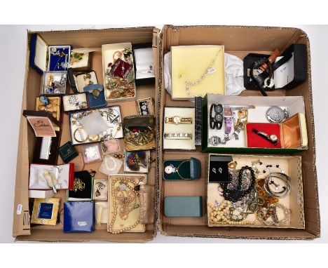 TWO BOXES OF ASSORTED ITEMS,  to include a quantity of costume jewellery such as Wedgwood brooch, a white metal abalone shell