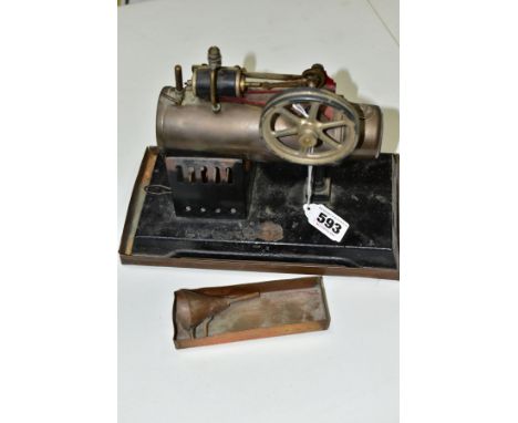 A BING HORIZONTAL LIVE STEAM ENGINE, not tested, horizontal boiler powering a flywheel (diameter approximately 7.5cm), playwo