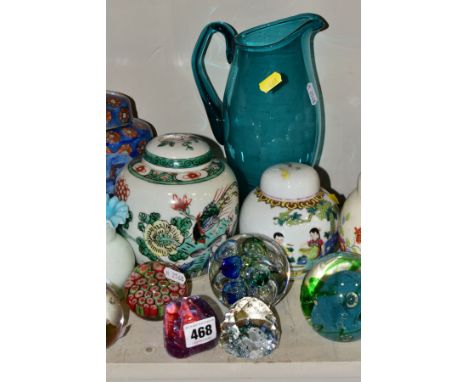 A GROUP OF GLASSWARES, GINGER JARS, PICTURES etc, to include a cranberry coloured jug, height 12cm, Caithness paperweights 'P