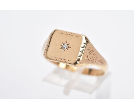A GENTS 9CT GOLD DIAMOND SET SIGNET RING, of a square form, with a central star set single cut diamond, engraved foliate deta