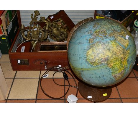 A BROWN LEATHER COVERED SUITCASE OF COLLECTABLES including servants bell board, etc, and a Columbus Globe duplex globe lamp, 