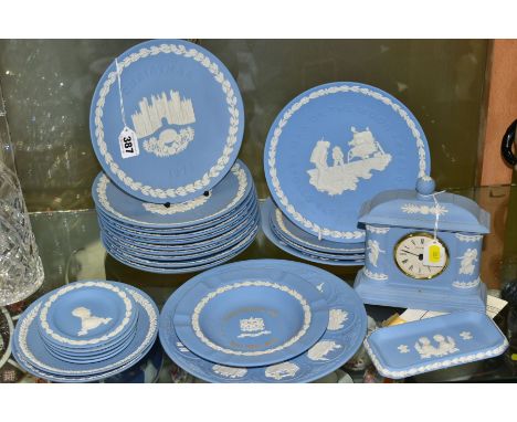 A COLLECTION OF WEDGWOOD PALE BLUE JASPERWARE, to include a set of ten Christmas plates 1976-1985, 'Man on The Moon..1969', '