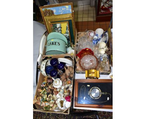 THREE BOXES AND LOOSE FIGURAL AND ANIMAL ORNAMENTS, GLASSWARE, CLOCKS, ETC, including a vintage green enamel twin handled cak