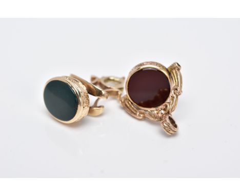TWO 9CT GOLD SEMI PRECIOUS SET FOBS, the first a swivel fob pendant, set with circular carnelian and green chalcedony panels,