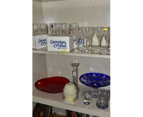 A SMALL COLLECTION OF GLASS, comprising eight Royal Brierley wine glasses, seven Georgian crystal whisky glasses, Bohemia cry