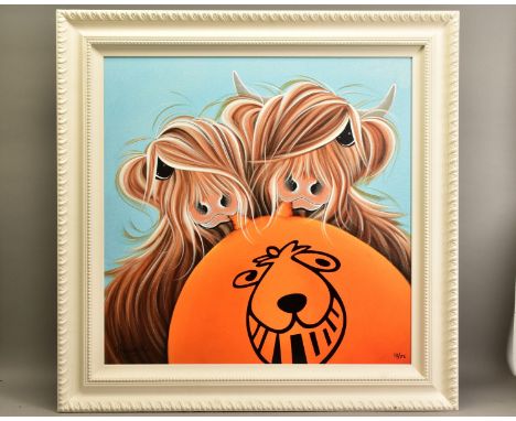 JENNIFER HOGWOOD (BRITISH 1980) 'IT'S MY TURN' a limited edition print of Highland Cattle with a space hopper 13/75, signed b