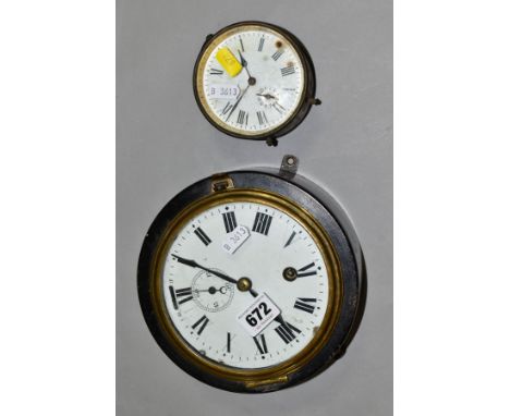 A METAL CASED SHIPS STYLE CLOCK, the white enamelled dial has Roman numerals and a separate seconds dial with Arabic numerals