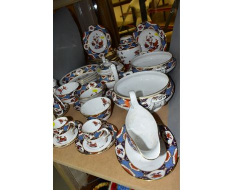A SPODE 'SHIMA' PATTERN PART DINNER SERVICE, ETC, comprising a sauce boat with integral stand, two twin handled circular serv