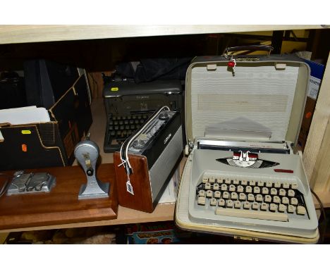 A GROUP OF RADIO'S, TYPEWRITERS, CAMERAS, ETC, including a Roberts R404 radio with envelope of operating instructions, an Imp