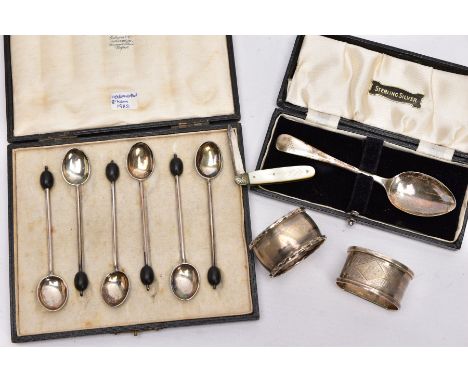 A SELECTION OF SILVER ITEMS, to include a cased set of six coffee spoons, each set with a wooden coffee bean to the handle, h