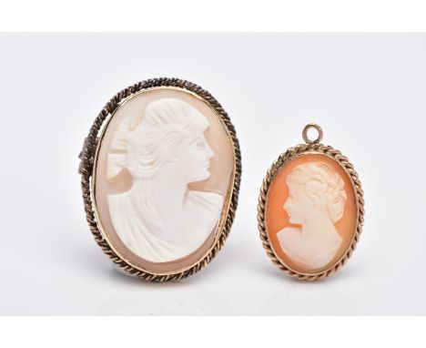 A 9CT GOLD CAMEO PENDANT AND A YELLOW METAL CAMEO BROOCH, the pendant of an oval form, depicting a lady in profile, within a 