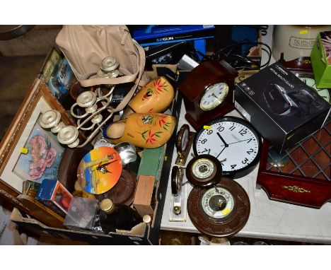 TWO BOXES AND LOOSE SUNDRY ITEMS, to include various clocks (London Clock Company, quartz mantel clock, Sterling &amp; Noble 