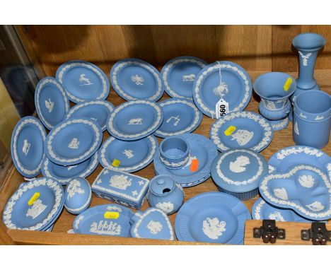 WEDGWOOD BLUE JASPERWARE TRINKETS AND VASES, etc, to include a set of twelve dishes from Zodiac signs, a napkin ring, covered