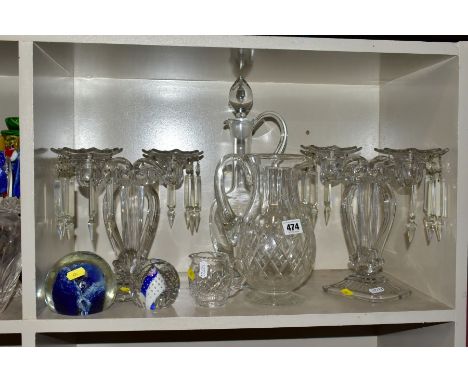 A PAIR OF PRESSED GLASS LUSTRES IN THE FORM OF MUSICAL LYRES, approximate height 24cm, modern claret decanter, cut glass jugs