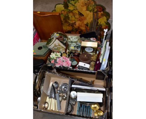 TWO BOXES AND LOOSE OF METALWARE, TREEN, MISCELLANEOUS ITEMS, ETC, including EPNS trays and galeried tray, candlesticks, gobl