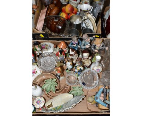 TWO BOXES CERAMICS, GLASS, METALWARES, ETC, to include Wade trinkets, various soldier figures, a Fallon Ware wall pocket, Roy