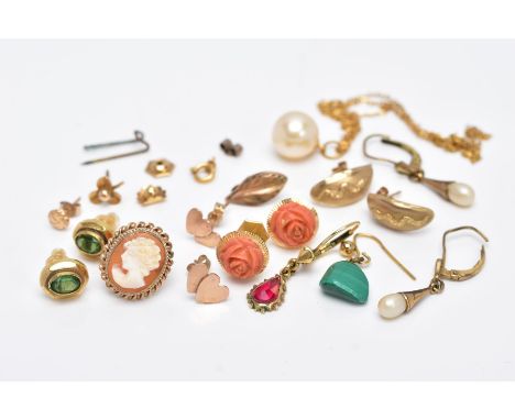 A  BAG OF ASSORTED YELLOW METAL JEWELLERY, to include a pair of carved coral flowers fitted to a textured yellow metal mount 