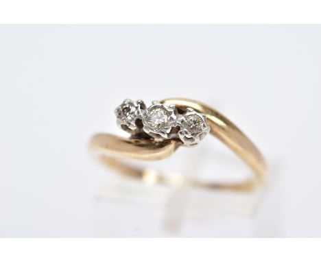 A 9CT GOLD THREE STONE DIAMOND RING, designed with three graduated round brilliant cut diamonds, total estimated diamond weig