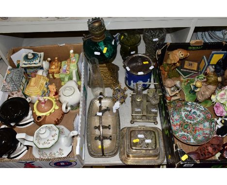 TWO BOXES AND LOOSE OF CERAMICS, GLASS AND METALWARE, including a Chinese Famille rose  bowl,(chip and re-glued), a box of no