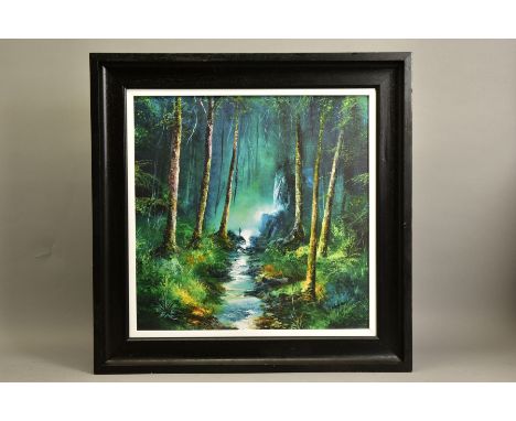 PHILIP GRAY (IRISH 1959) 'FOREST OF LIGHT' a woodland landscape with waterfall and stream, limited edition print 72/195, sign