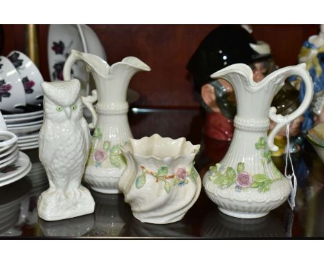 BELLEEK PORCLEAIN comprising a near pair of Aberdeen pitcher shaped vases, pink rose and shamrock decoration, approximate hei